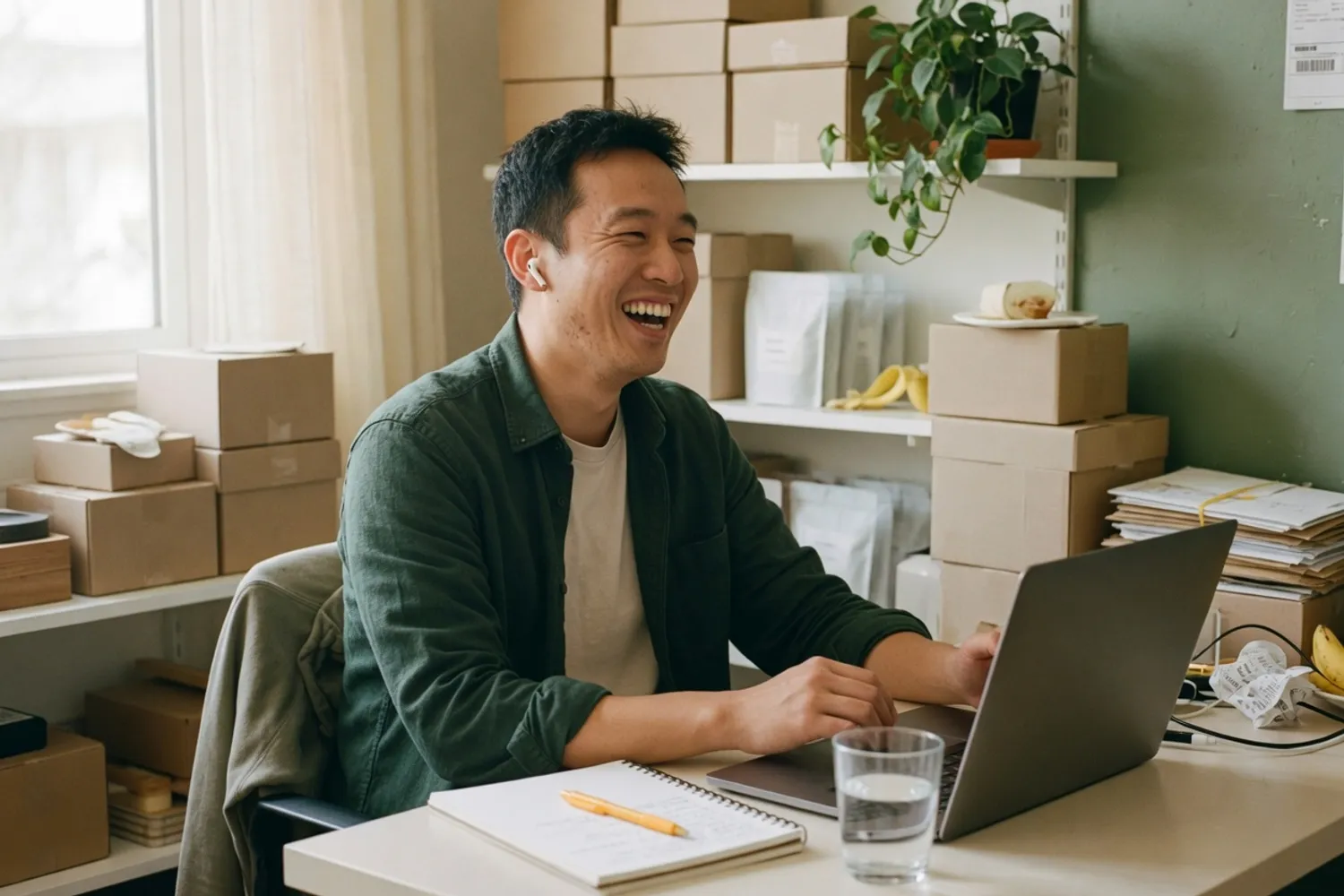 A store founder laughing on a video call at his desk, shelves of packed orders behind him