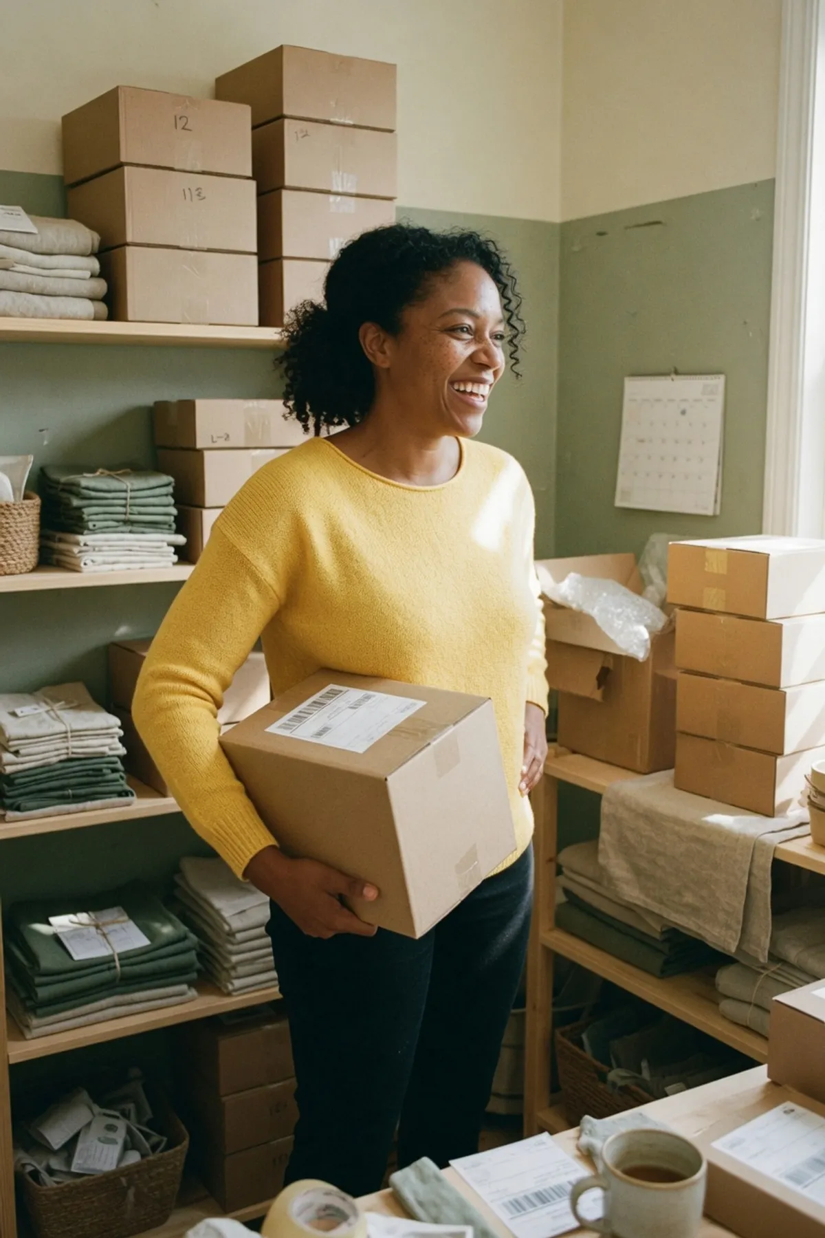 An online store owner in a yellow sweater laughing in her stockroom, a shipping box under her arm