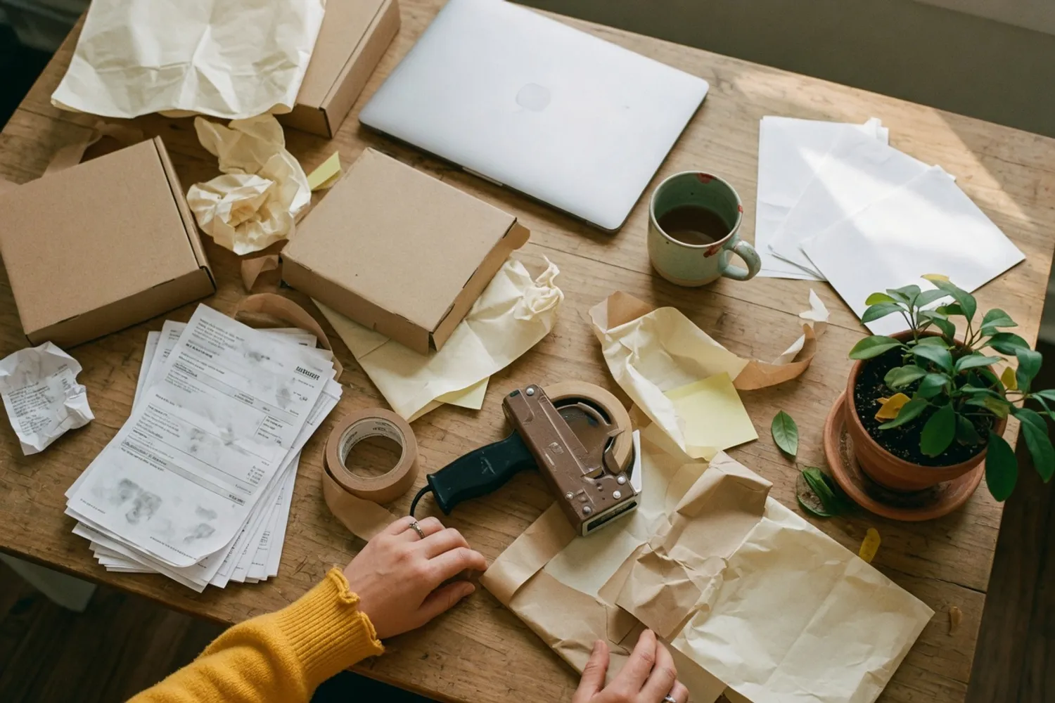 A packing table from above: mailer boxes, tissue paper, a tape gun, a closed laptop, and a stack of statements