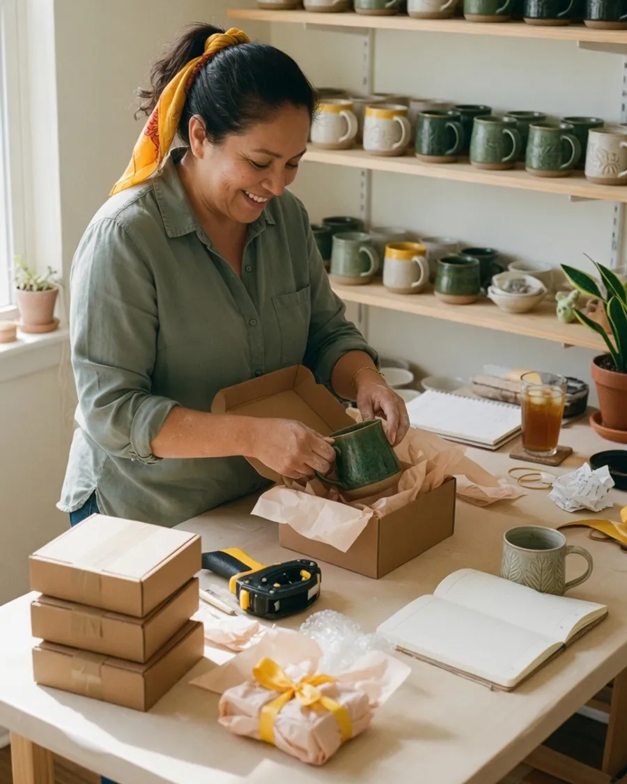 An online seller packing orders into shipping boxes in a small home studio