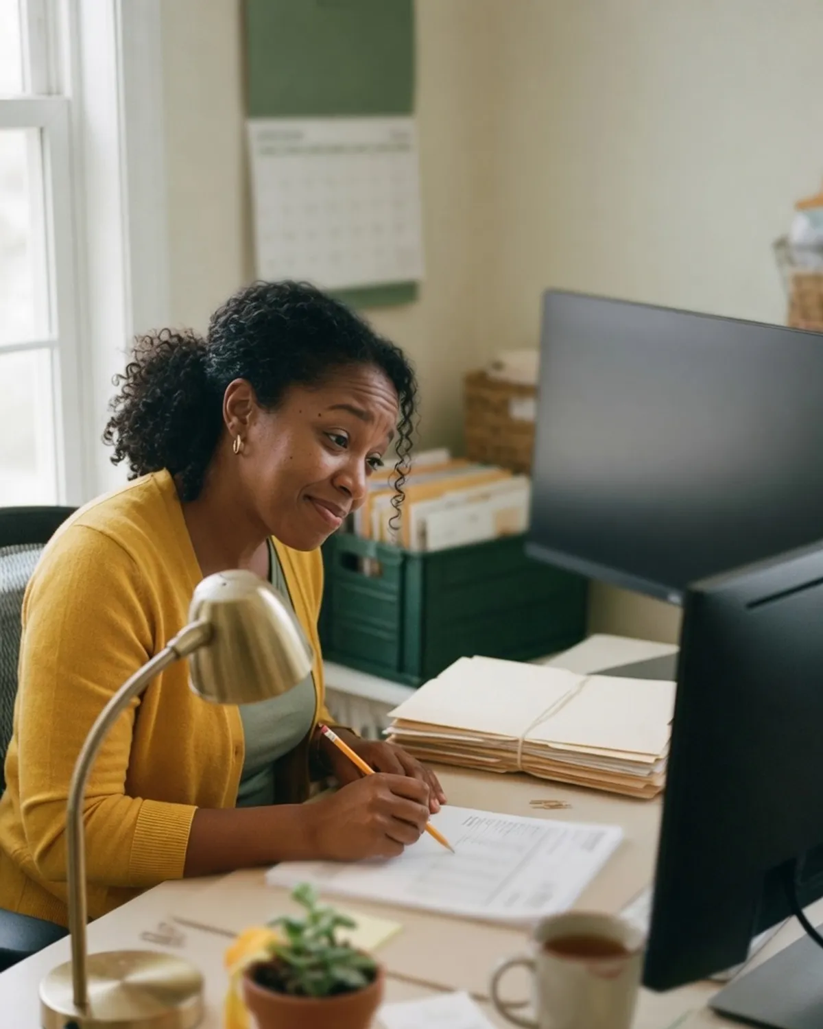 An accountant at a desk ticking off a printed bank statement against figures on a monitor