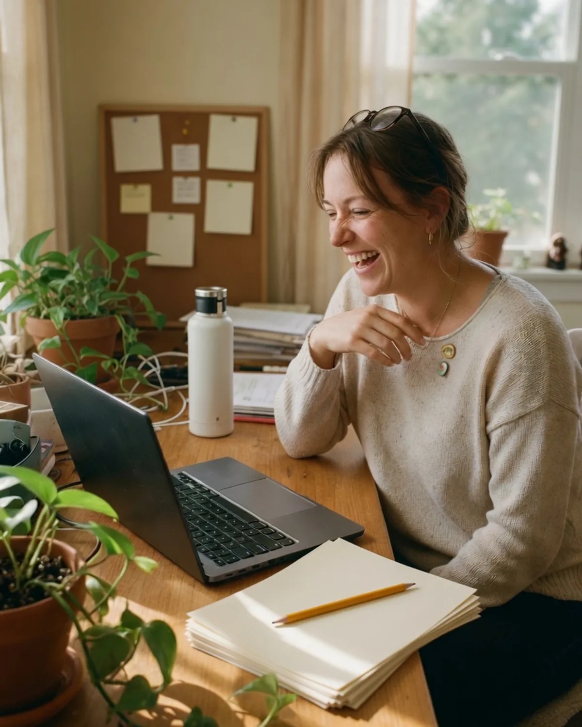 A bookkeeper laughing at a sunlit desk beside a laptop, a stack of paperwork, and houseplants