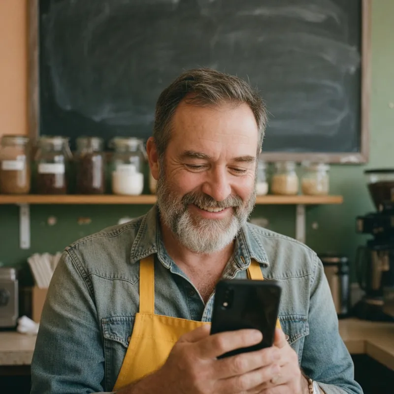 A café owner behind the counter, smiling at a message on their phone