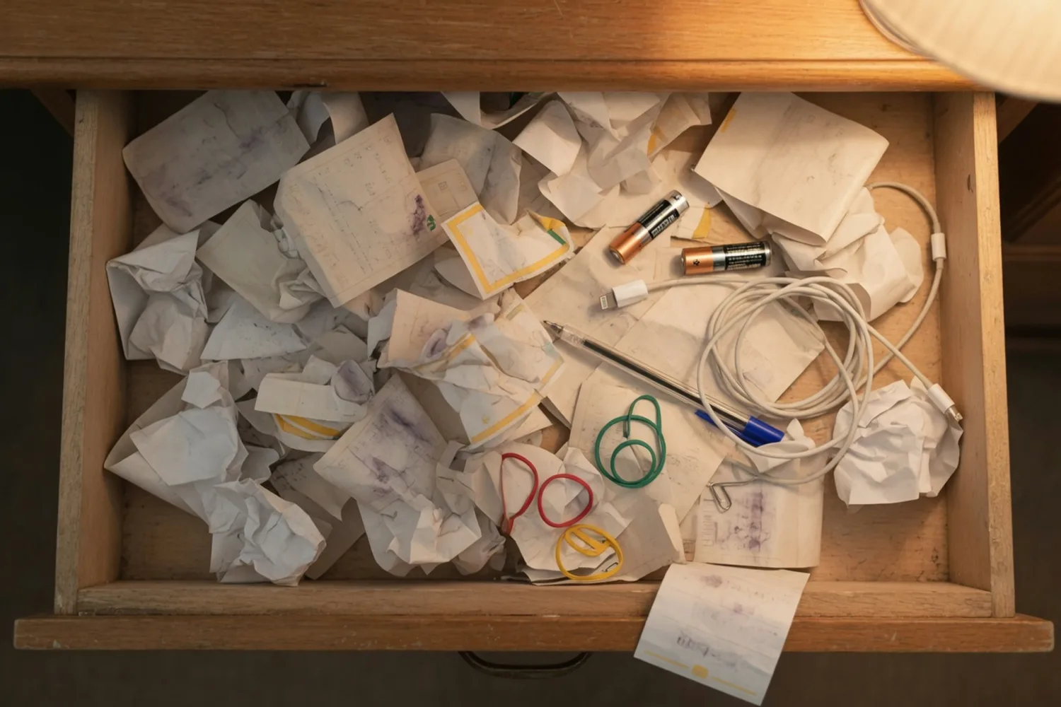 A junk drawer seen from above, overflowing with crumpled and faded paper receipts