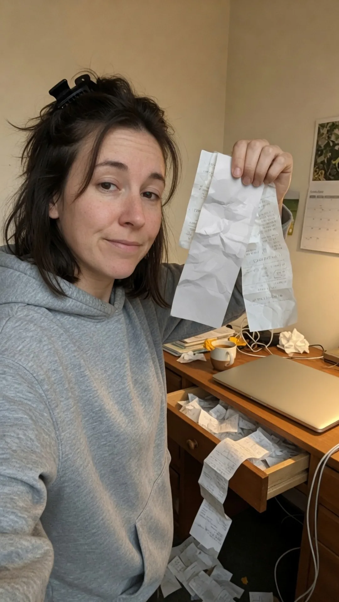 A woman in a hoodie holding a fistful of faded receipts beside an open junk drawer