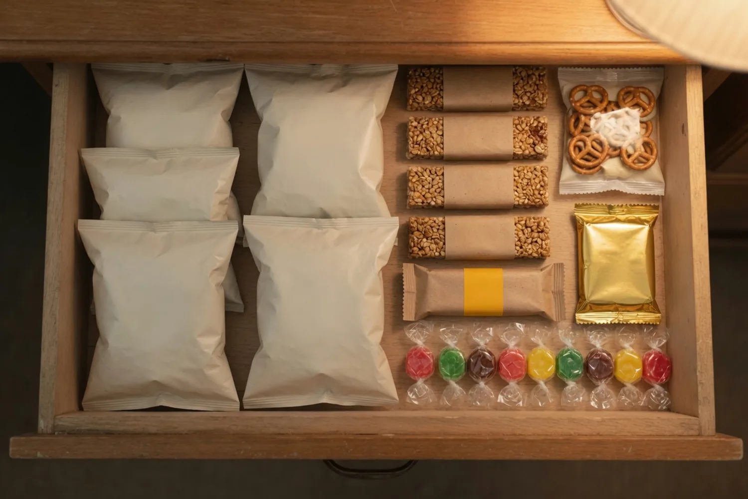 The same drawer, now neatly filled with bags of chips and snacks instead of receipts